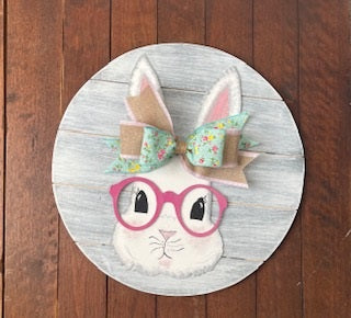 Bunny with pink glasses and burlap ribbon