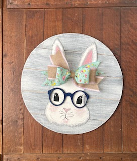 Spring bunny with navy glasses and burlap ribbon