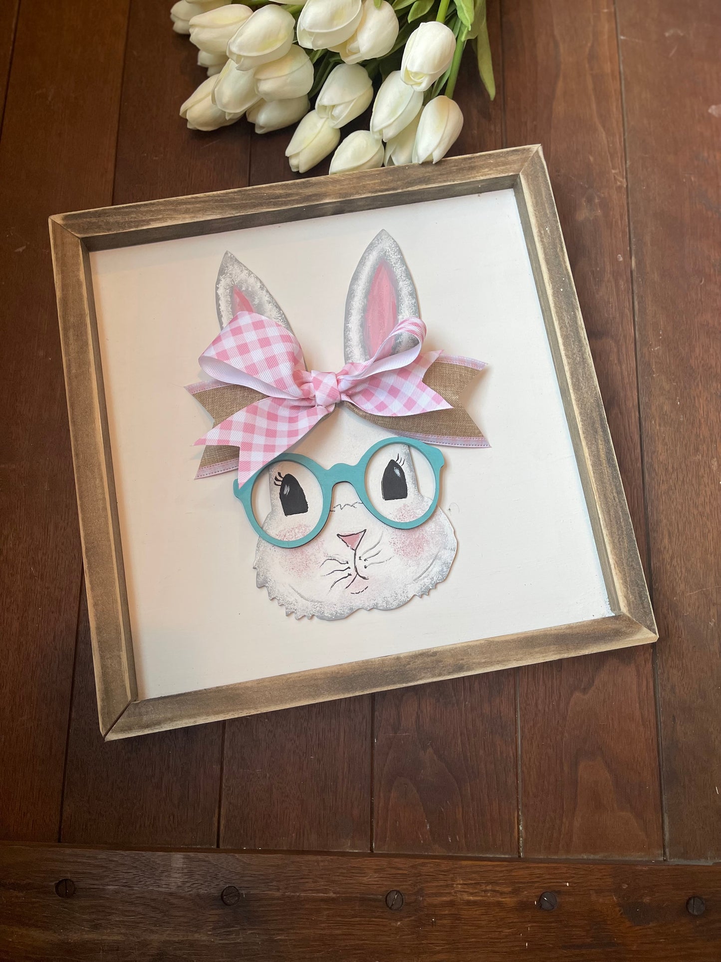 Bunny with glasses framed sign, Spring Bunny with glasses