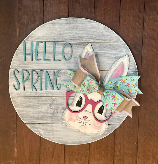 Hello Spring Round Sign, Bunny with Glasses