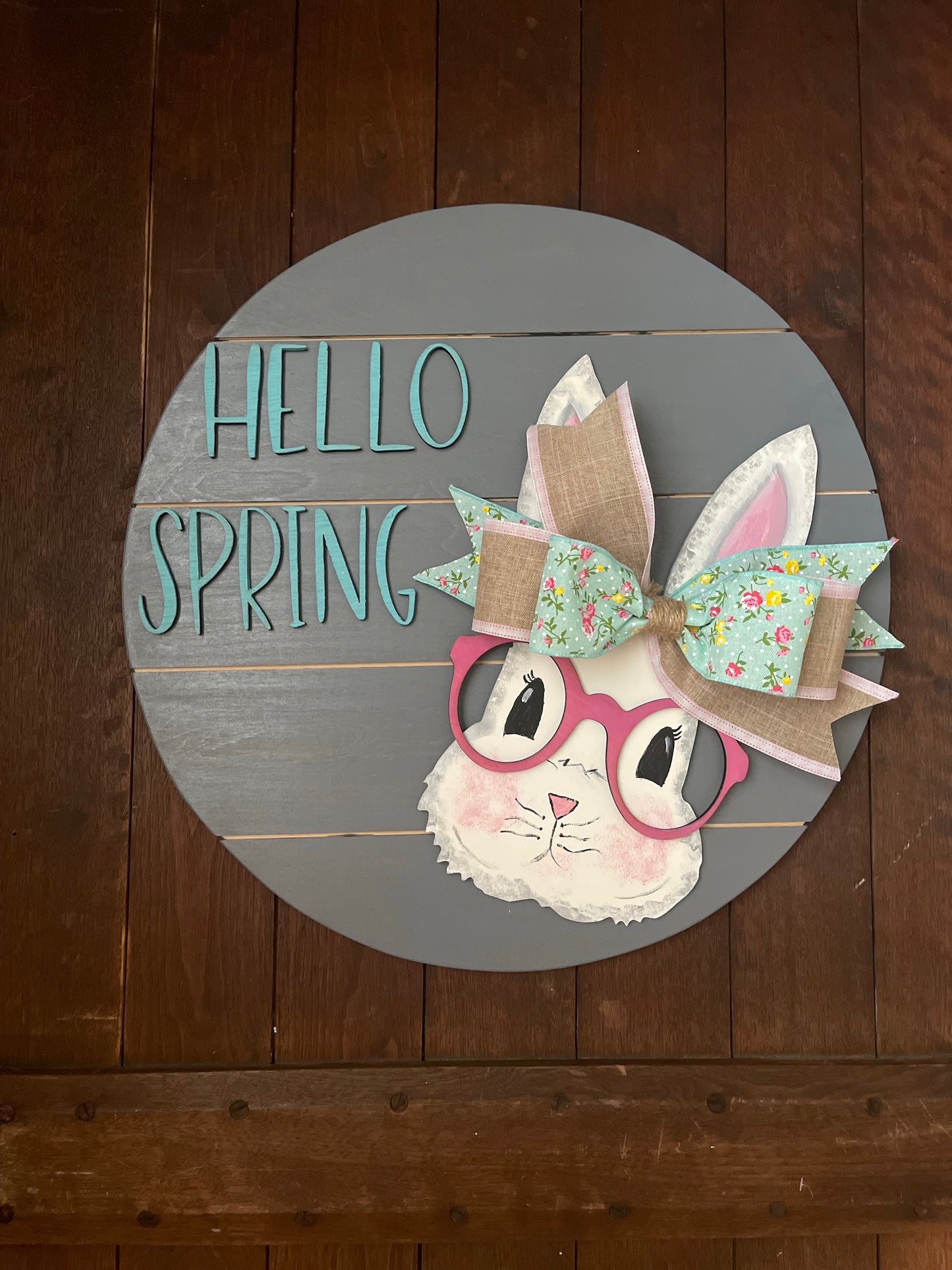 Hello Spring Round Sign, Bunny with Glasses