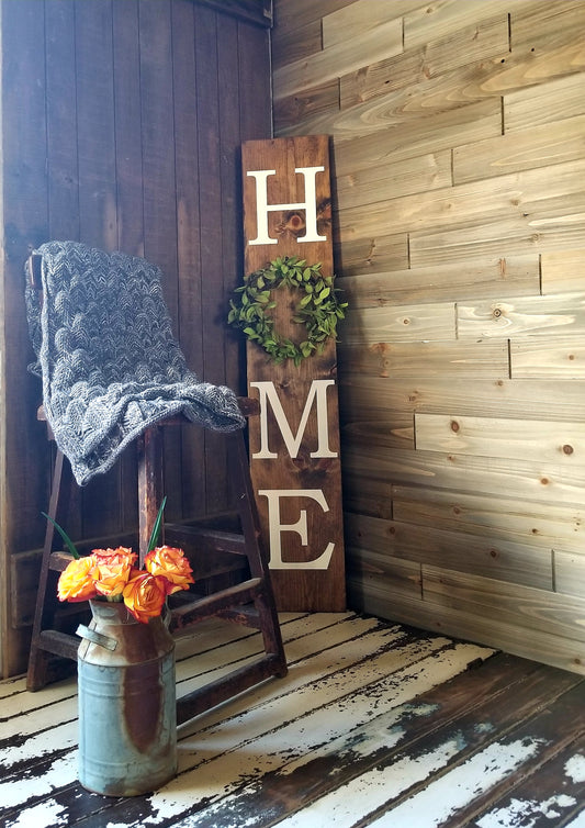 Home sign with wreath - Vertical sign in dark walnut