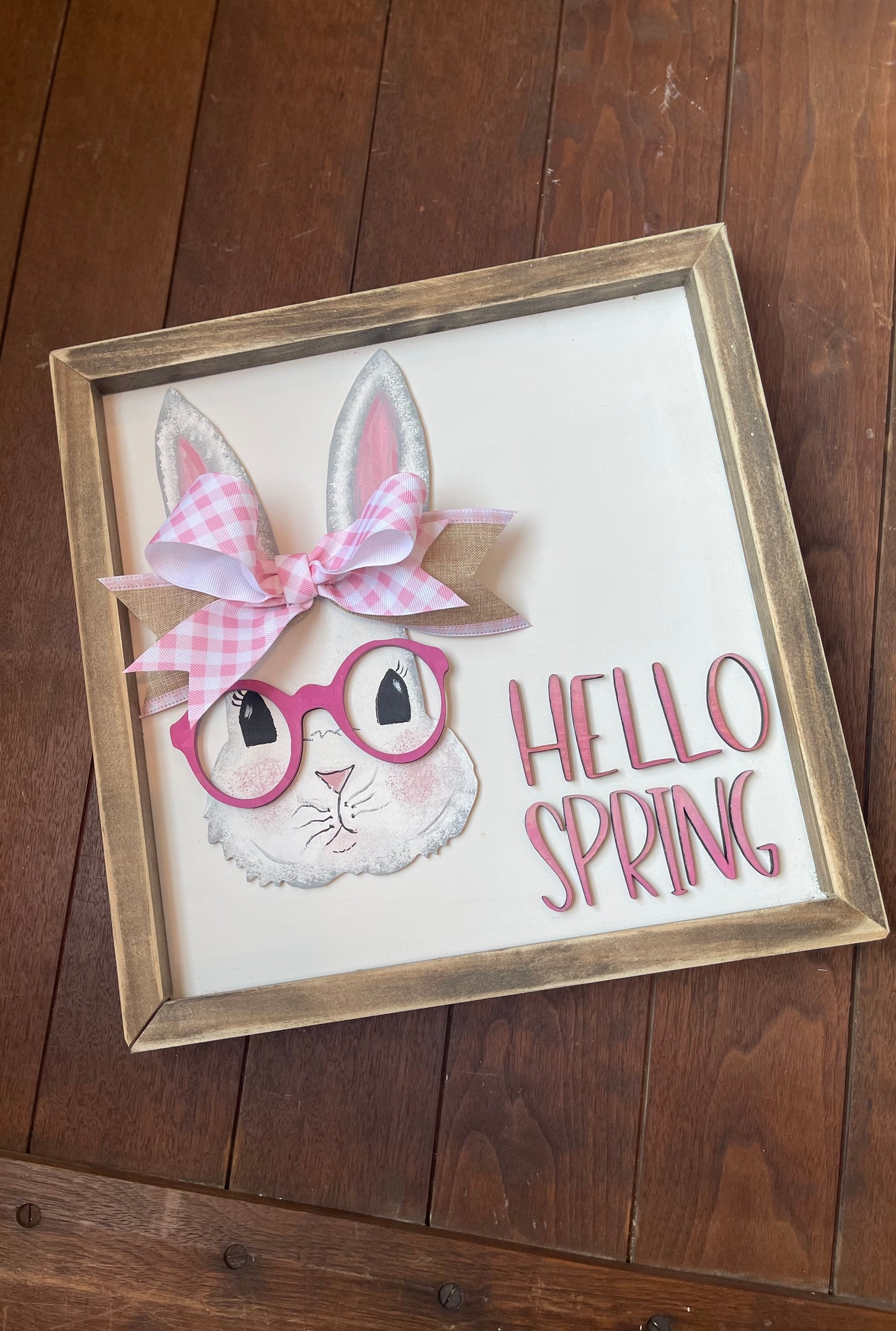 Hello Spring framed sign, bunny with glasses