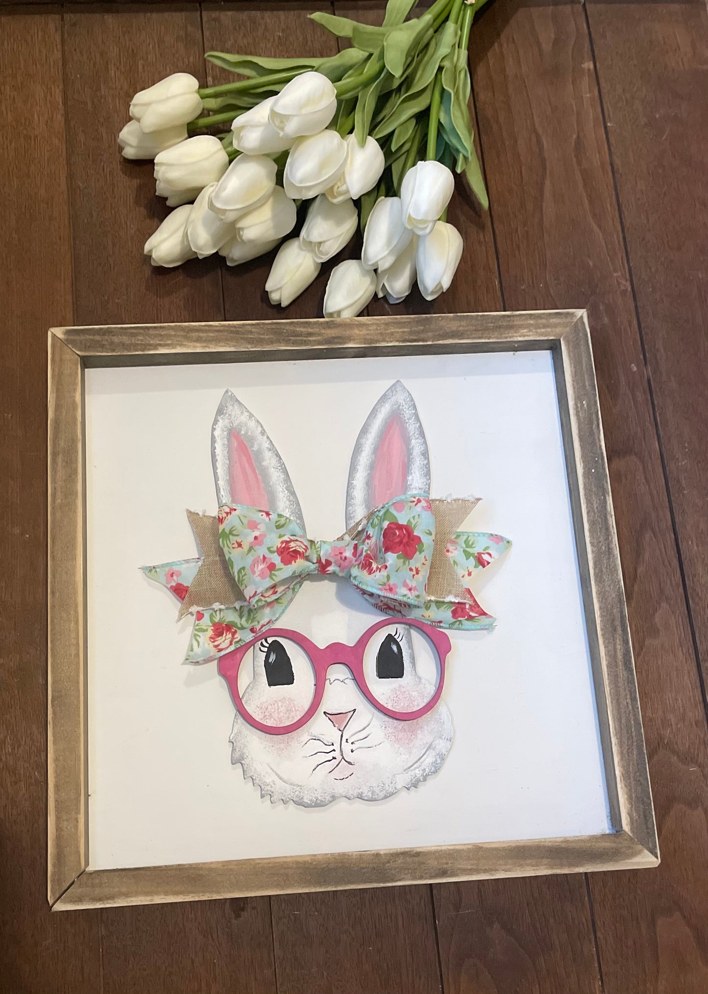 Spring Bunny framed sign, Easter bunny wearing glasses