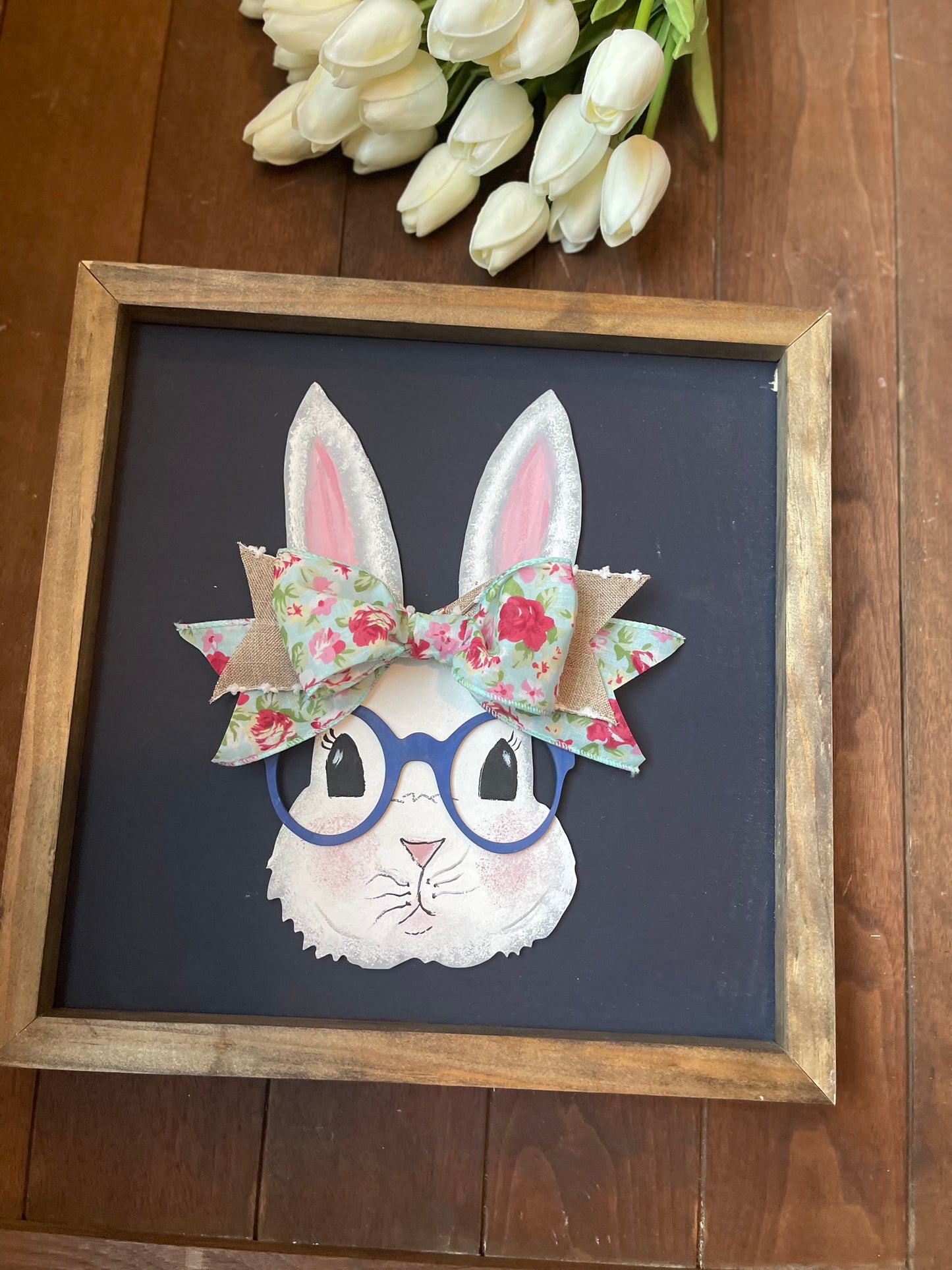 Spring Bunny framed sign, Easter bunny wearing glasses