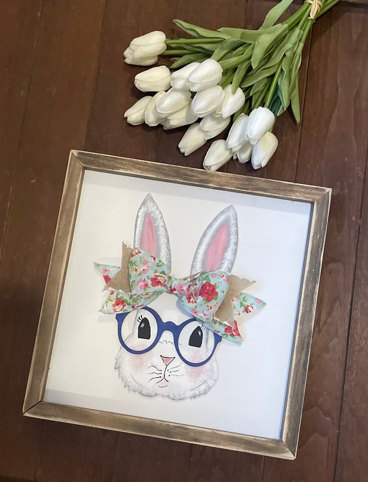 Spring Bunny framed sign, Easter bunny wearing glasses