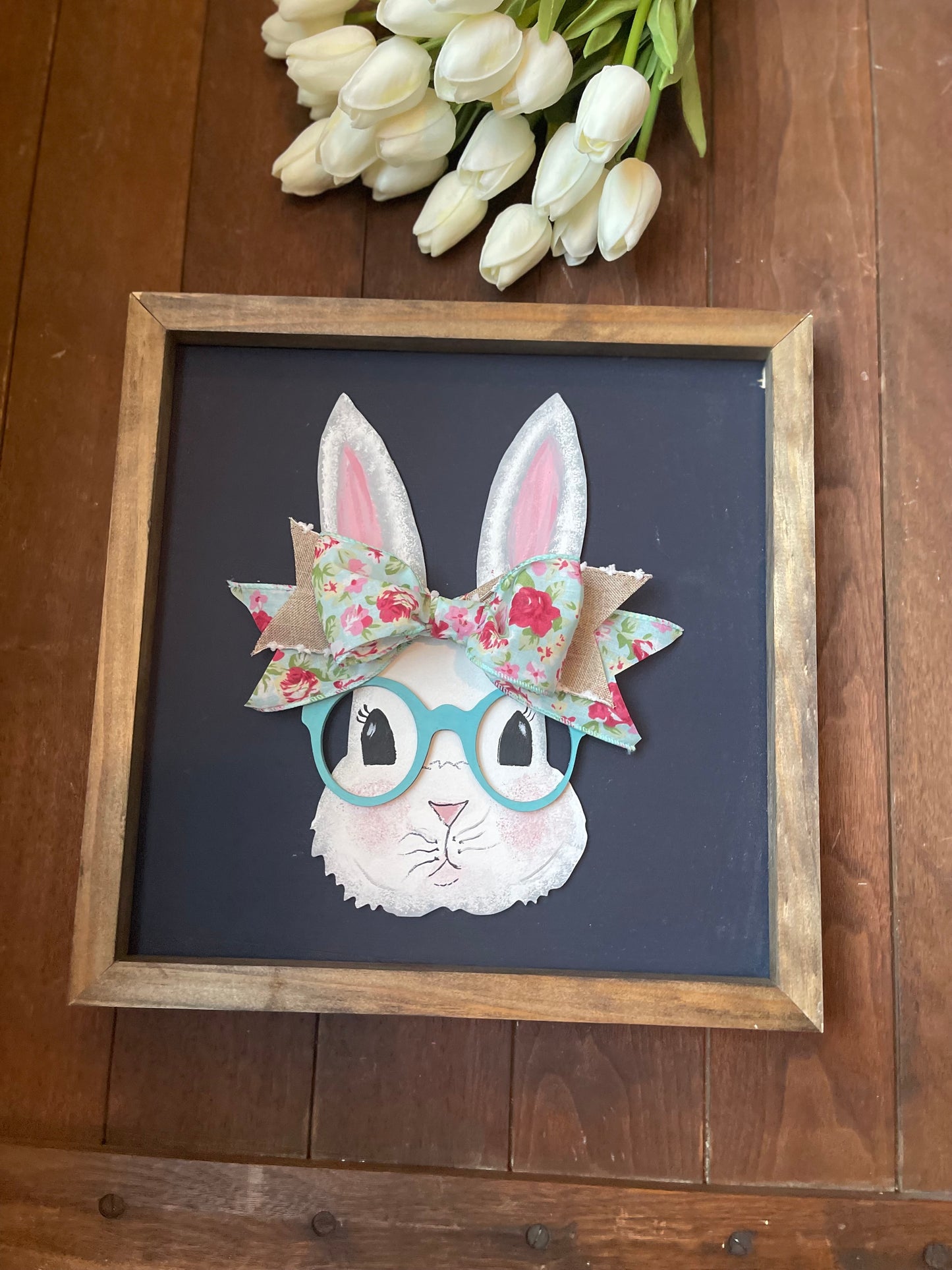 Spring Bunny framed sign, Easter bunny wearing glasses