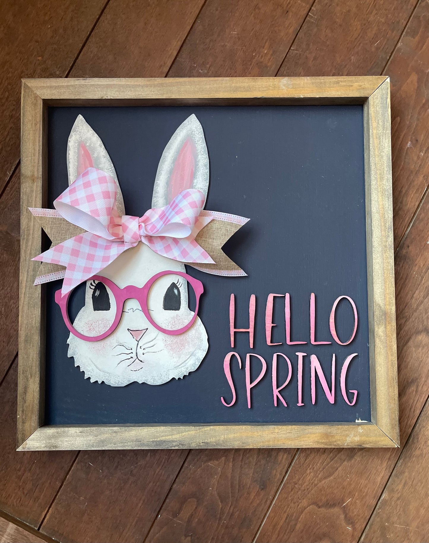 Hello Spring framed sign, bunny with glasses