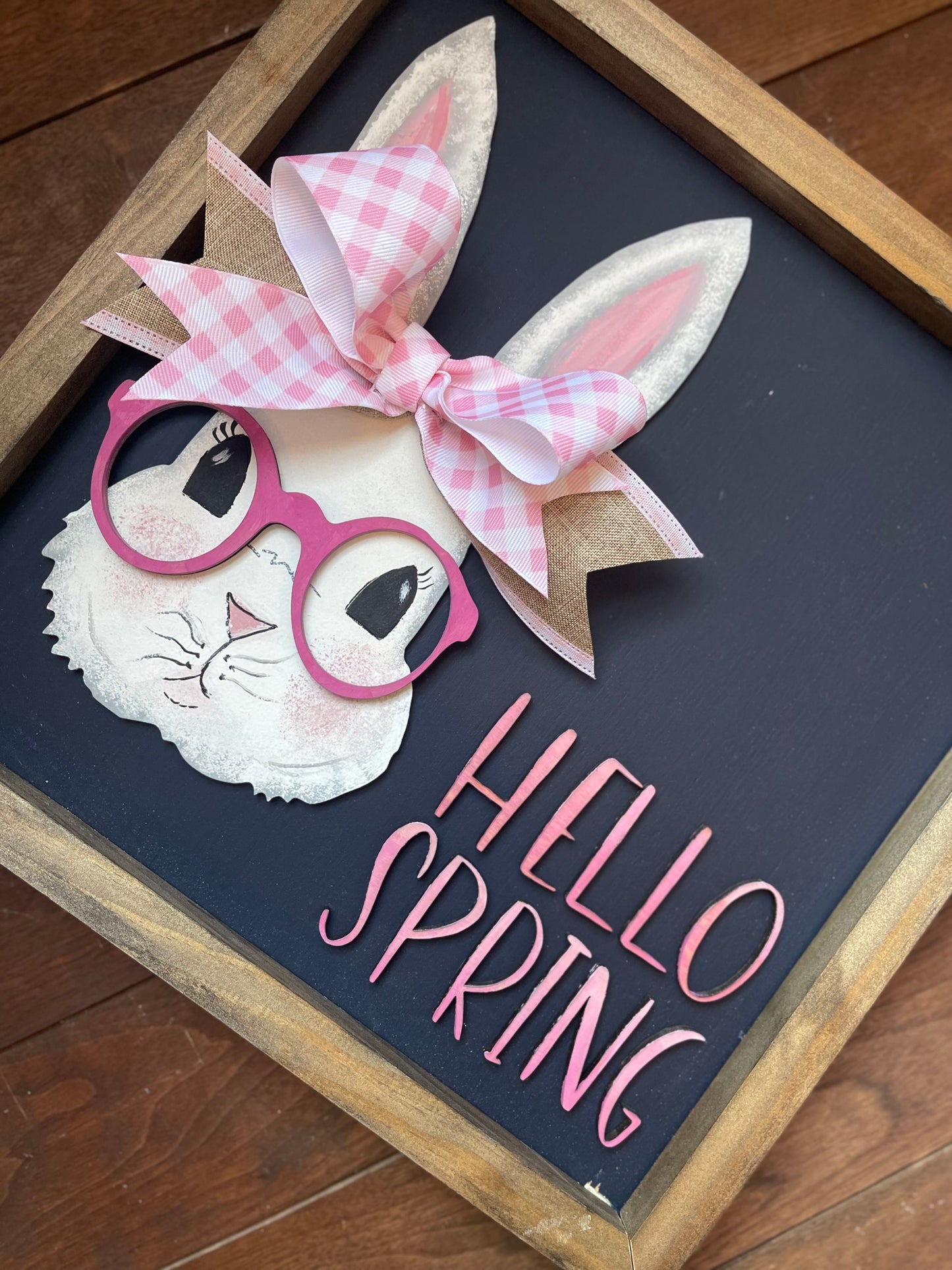 Hello Spring framed sign, bunny with glasses