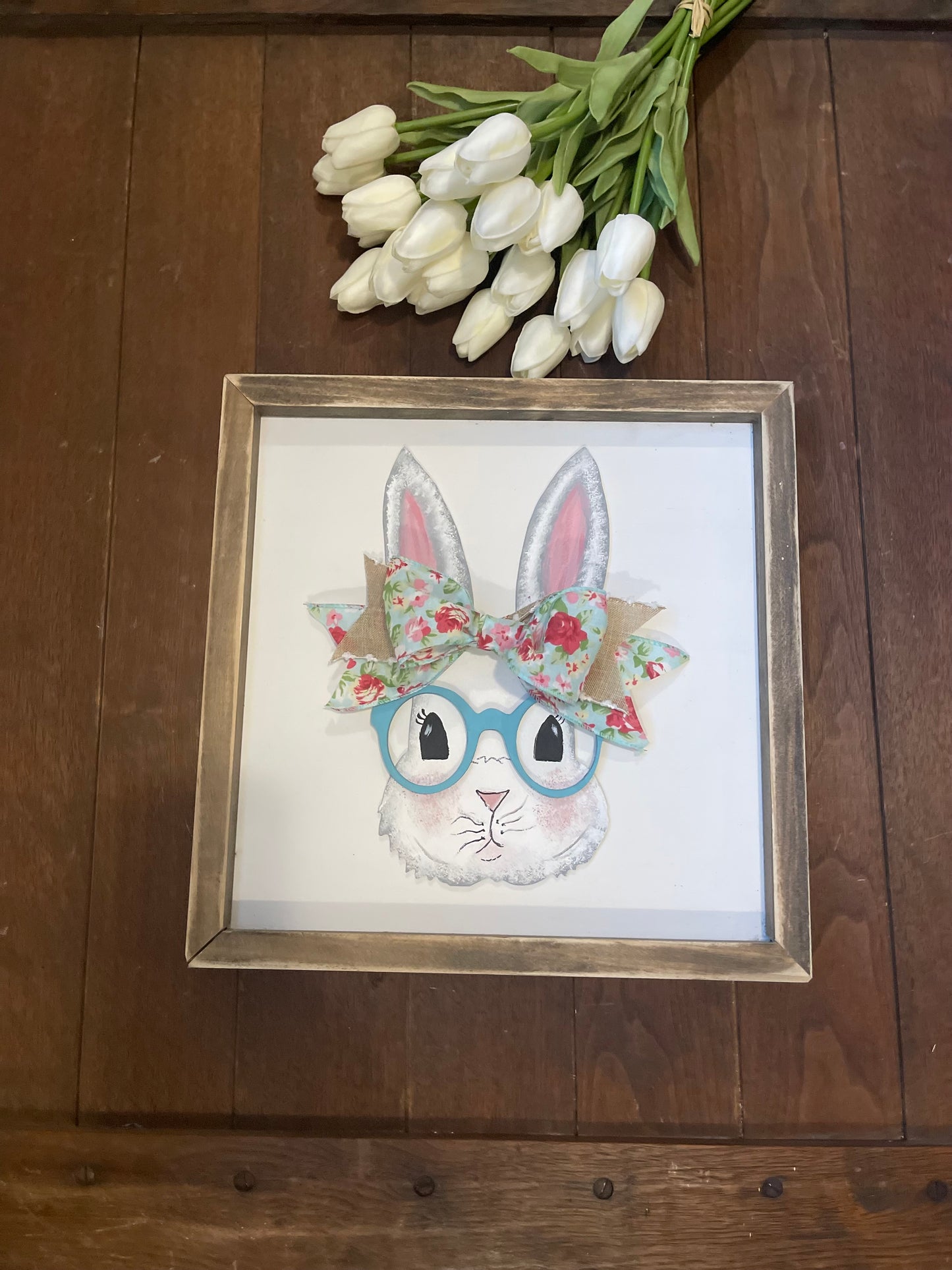 Spring Bunny framed sign, Easter bunny wearing glasses