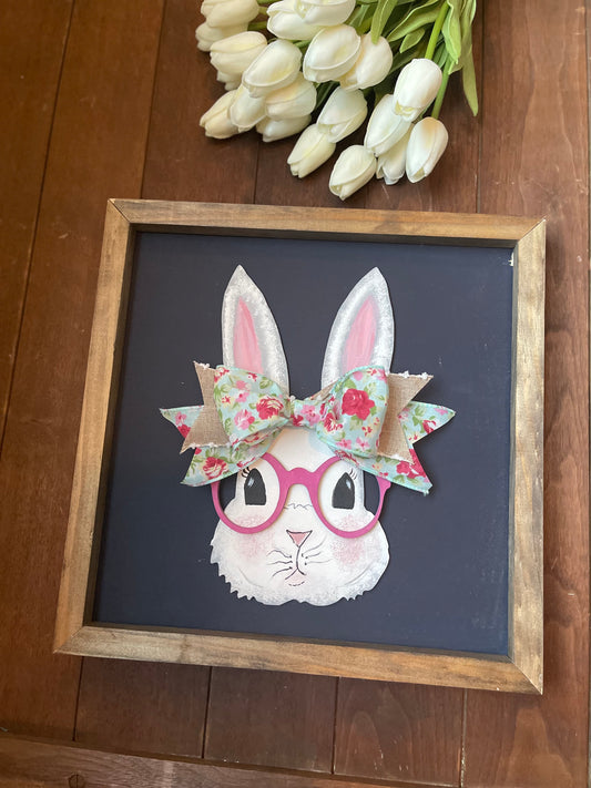 Spring Bunny framed sign, Easter bunny wearing glasses