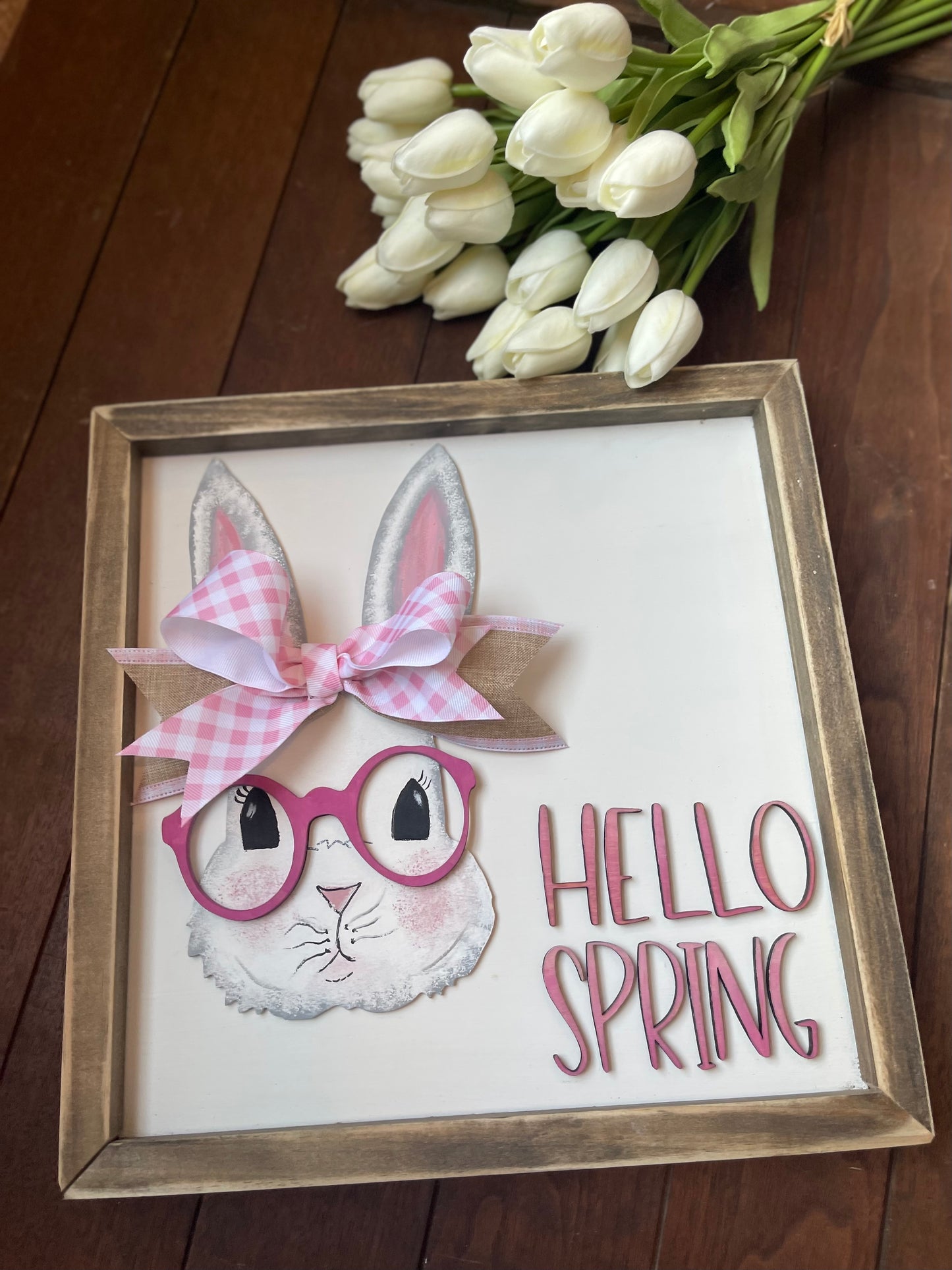 Hello Spring framed sign, bunny with glasses